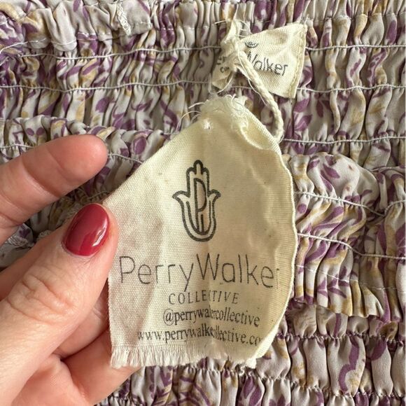 Perry Walker Collective Purple & Yellow Silk Floral Smocked Ruffle Sleeve Top - Picture 9 of 10